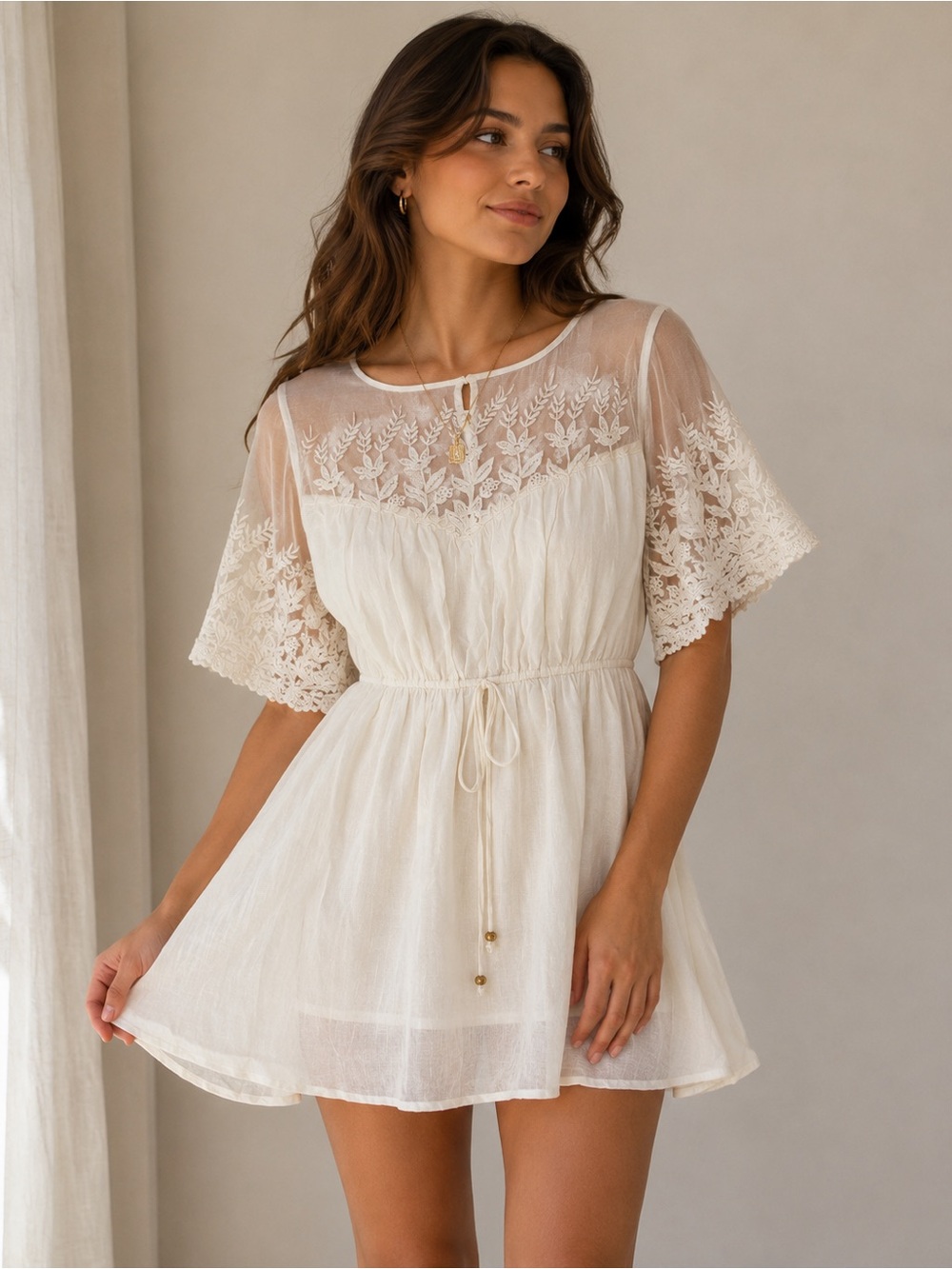 True Destiny White Lace Mini Dress XL Boho Cottagecore Embroidered Lined